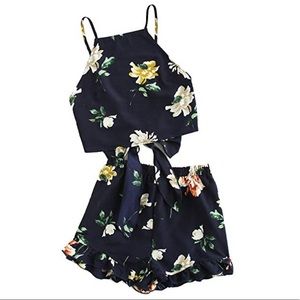 2 Piece Boho Floral Print Crop Top with Shorts Set